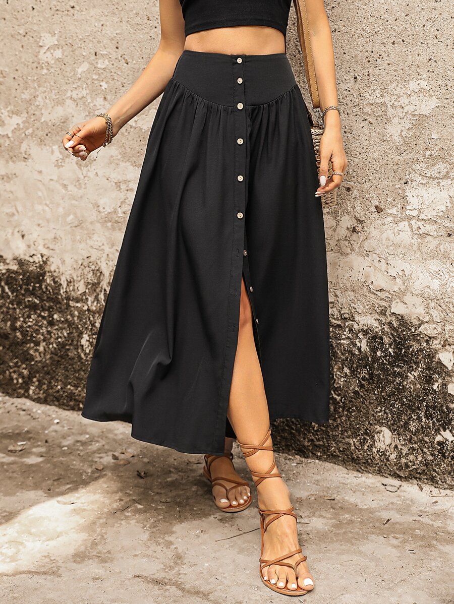 SHEIN VCAY 前紐扣開衩短裙 - 黑色 - 查看 1