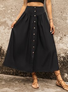 SHEIN VCAY 前紐扣開衩短裙 - 黑色 - 查看 4