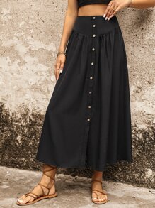 SHEIN VCAY 前紐扣開衩短裙 - 黑色 - 查看 5