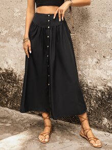 SHEIN VCAY 前紐扣開衩短裙 - 黑色 - 查看 6