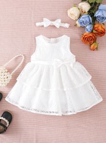 Đầm em bé Tương phản ren phân lớp Nơ trước màu trơn Buổi tiệc - trắng - Xem 1
