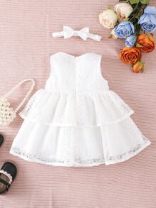 Đầm em bé Tương phản ren phân lớp Nơ trước màu trơn Buổi tiệc - trắng - Xem 2