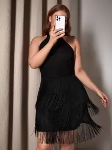 SHEIN SXY Plus Fringe Trim Backless Halter Neck Backless Dress - Black - View 1