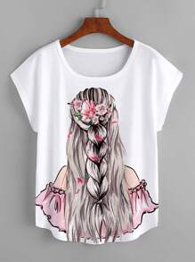 SHEIN LUNE Figure Graphic Batwing Sleeve Tee - White - View 1