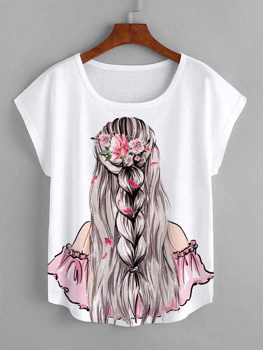 SHEIN LUNE Figure Graphic Batwing Sleeve Tee - White - View 1