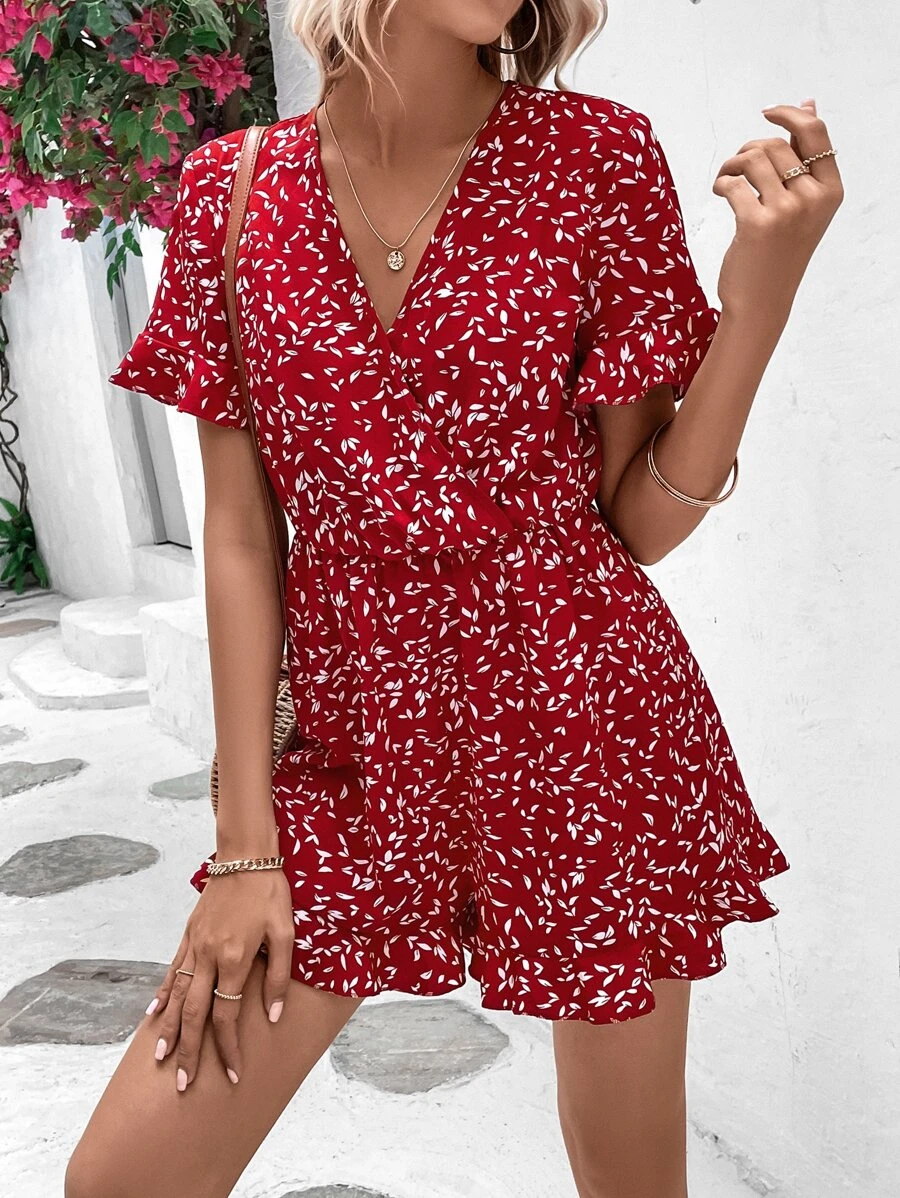 SHEIN VCAY Allover Leaf Print Flounce Sleeve Ruffle Hem Romper - Burgundy - View 1