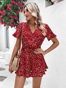 SHEIN VCAY Allover Leaf Print Flounce Sleeve Ruffle Hem Romper - Burgundy - View 4