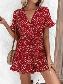 SHEIN VCAY Allover Leaf Print Flounce Sleeve Ruffle Hem Romper - Burgundy - View 6
