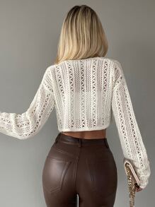 EURMUSE Tie Front Pointelle Knit Crop Cardigan - White - View 2