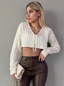 EURMUSE Tie Front Pointelle Knit Crop Cardigan - White - View 3