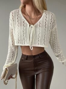 EURMUSE Tie Front Pointelle Knit Crop Cardigan - White - View 4