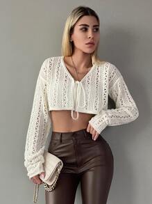 EURMUSE Tie Front Pointelle Knit Crop Cardigan - White - View 5