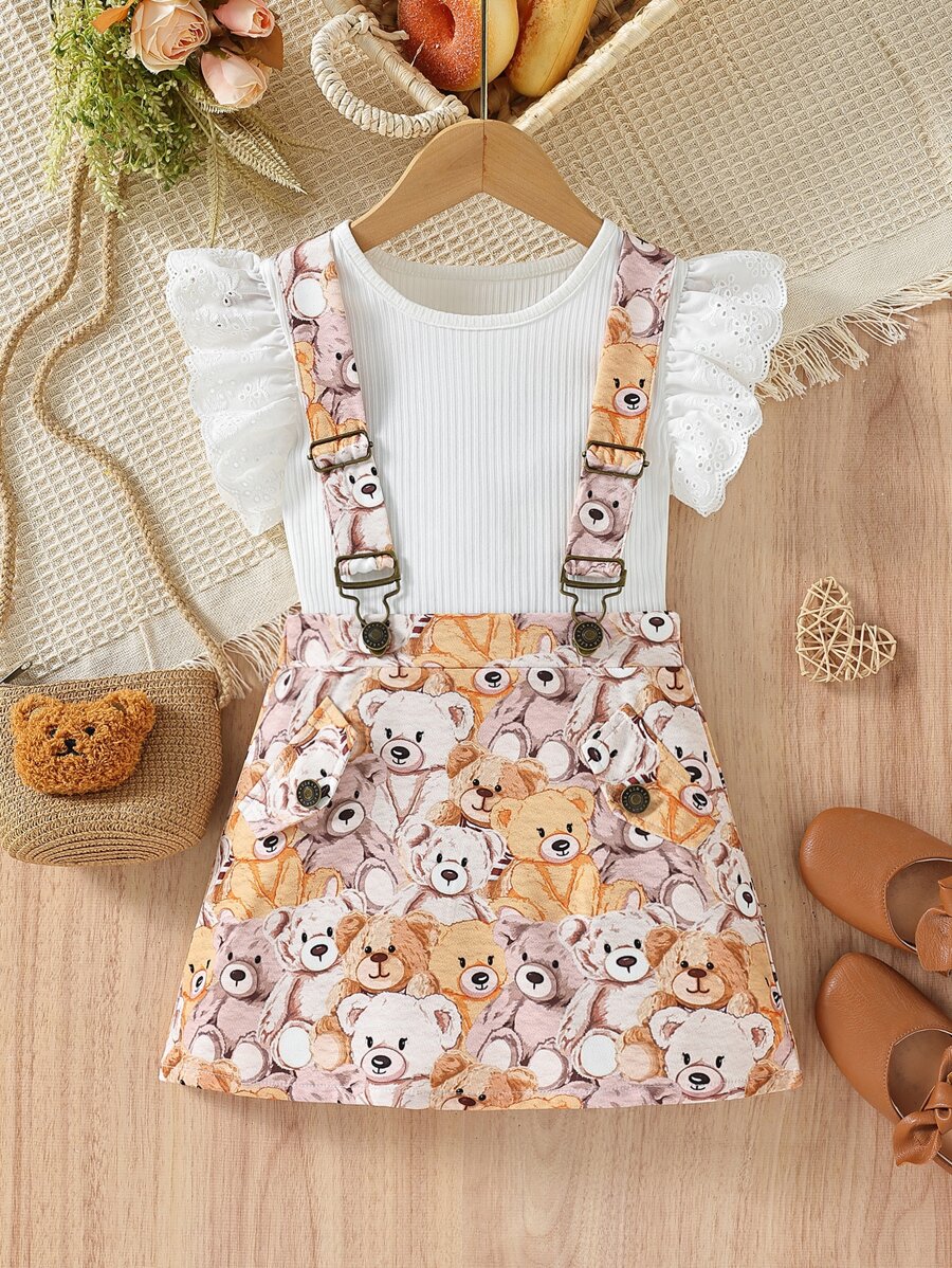 Odzież dwuczęściowa dla małych dziewczynek Zmarszczony Prążkowana Dzianina Haft Oczkowy Kreskówki Śliczny - Wielokolorowe - Zobacz 1