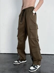 Manfinity Men Flap Pocket Drawstring Waist Cargo Trousers - Coffee Brown - View 5
