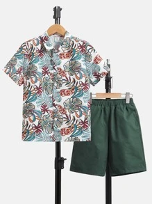SHEIN 男孩熱帶圖案襯衫和短褲