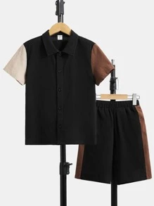 SHEIN Chicos de color combinado Camisa & Shorts - Negro - Ver 1