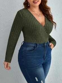 SHEIN Frenchy 大碼交疊領連體衣 - 軍綠色 - 查看 5