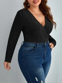 SHEIN Frenchy Plus Surplice Neck Bodysuit - Black - View 5