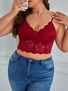 SHEIN Privé 大碼蕾絲吊帶短上衣 - 酒紅色 - 查看 5