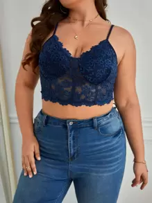 SHEIN Privé Plus Lace Crop Cami Top - Navy Blue - View 5