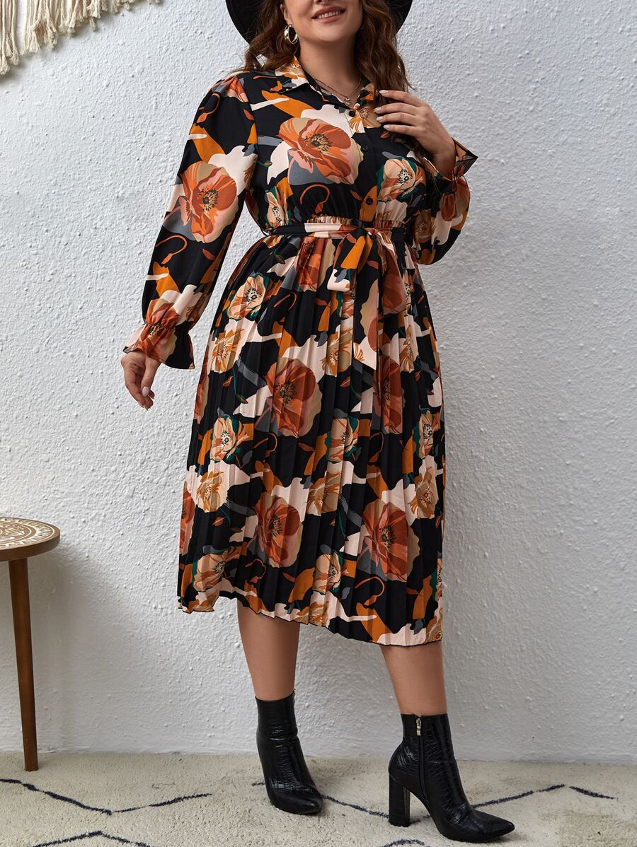 SHEIN Clasi Vestido con cinturón con estampado floral de manga con volante - Multicolor - Ver 1