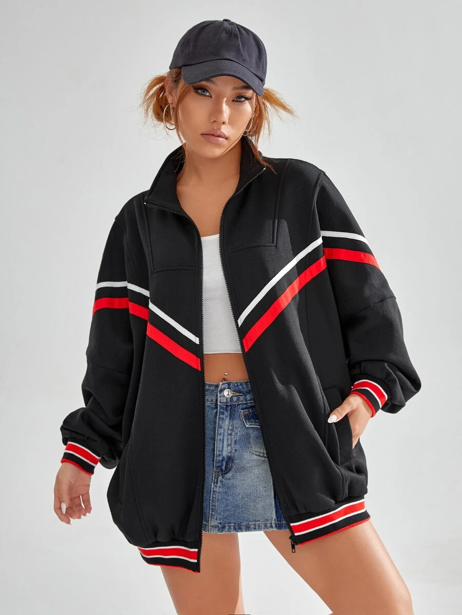 SHEIN EZwear Striped Trim Zip Up Jacket - Black - View 1