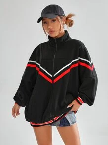 SHEIN EZwear Striped Trim Zip Up Jacket - Black - View 3