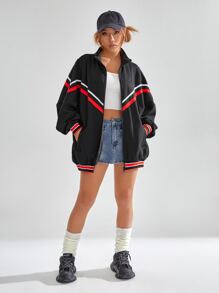 SHEIN EZwear Striped Trim Zip Up Jacket - Black - View 4