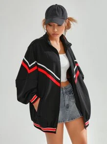 SHEIN EZwear Striped Trim Zip Up Jacket - Black - View 5