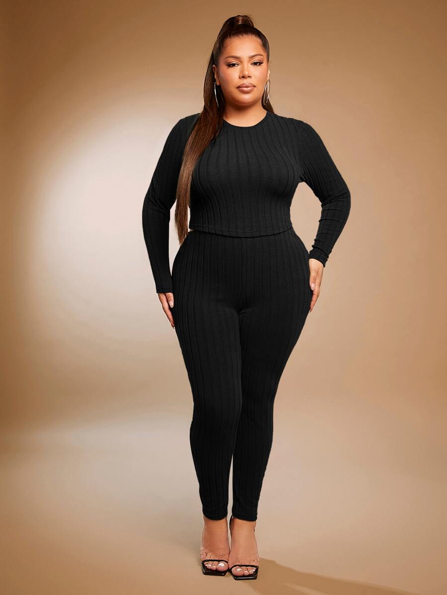 SHEIN SXY 大碼素色羅紋針織T恤和緊身打底褲 - 黑色 - 查看 1
