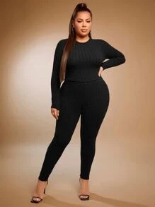 SHEIN SXY 大碼素色羅紋針織T恤和緊身打底褲 - 黑色 - 查看 3