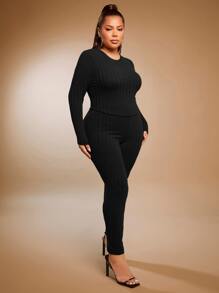 SHEIN SXY 大碼素色羅紋針織T恤和緊身打底褲 - 黑色 - 查看 4