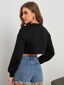 SHEIN SXY Letter Rhinestone Drop Shoulder Crop Pullover - Black - View 2