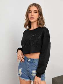 SHEIN SXY Letter Rhinestone Drop Shoulder Crop Pullover - Black - View 4