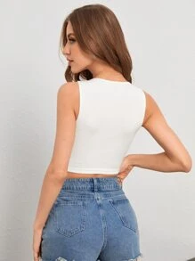 SHEIN SXY Áo hai dây Gân đan Nút phía trước màu trơn Gợi cảm - trắng - Xem 2