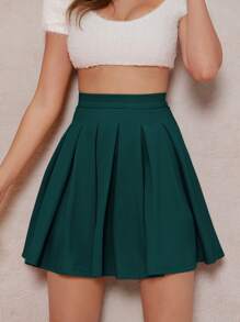 SHEIN Essnce High Waisted Fold Pleated Skirt - Dark Green - View 1