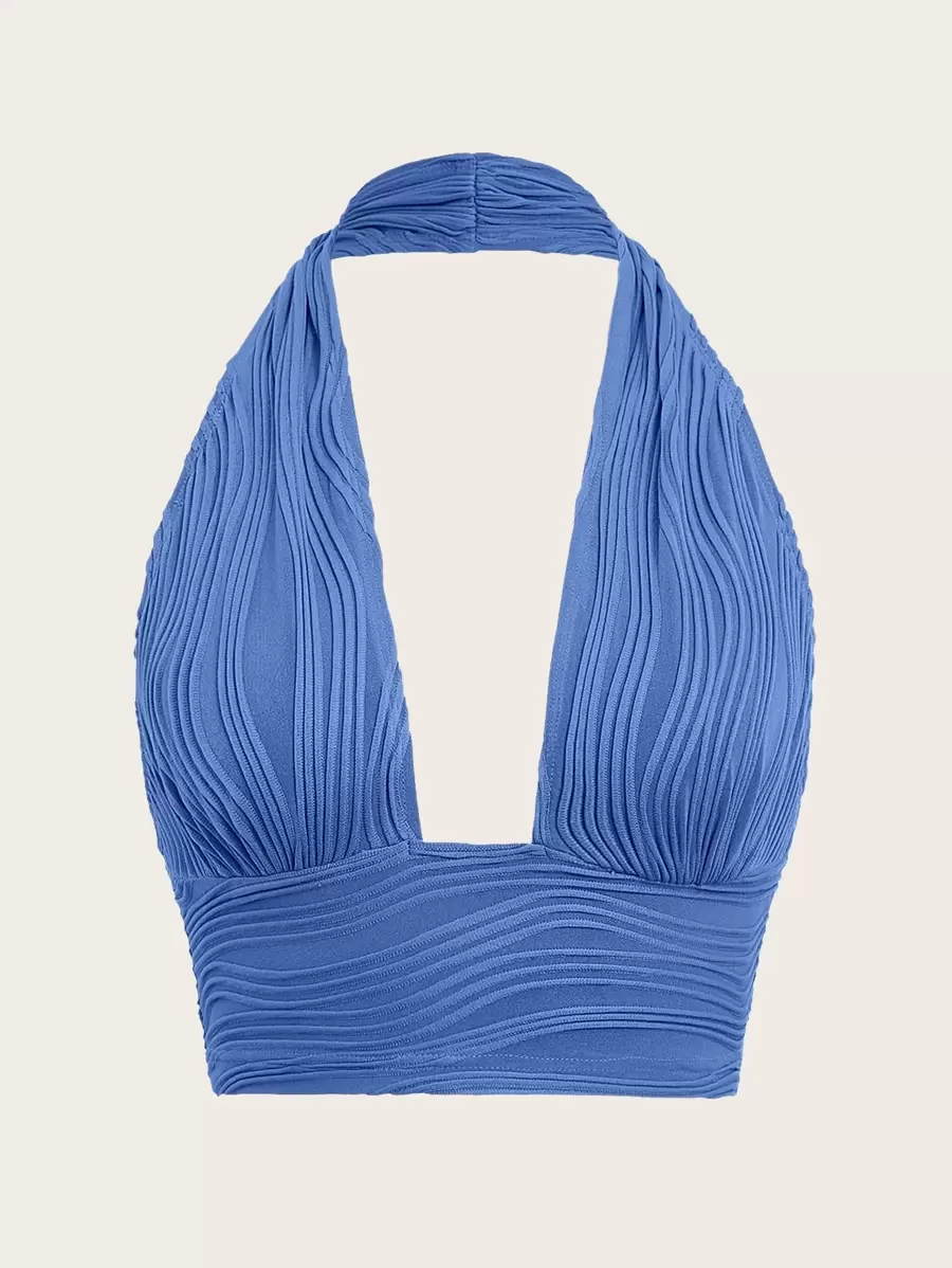 SHEIN ICON Solid Backless Crop Halter Top - Blue - View 1