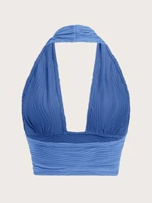 SHEIN ICON Solid Backless Crop Halter Top - Blue - View 2