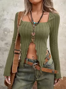 SHEIN ICON 木耳邊下擺開叉短款T恤