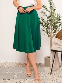SHEIN Clasi Solid Flare Skirt - Green - View 1