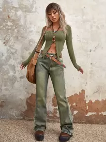 SHEIN ICON 木耳邊下擺開叉短款T恤