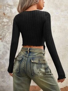 SHEIN ICON 生菜邊分裂式黑色短袖t恤 - 黑色 - 查看 2