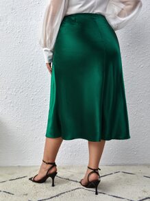 SHEIN Privé 大碼高腰A字型緞面半身裙 - 墨綠色 - 查看 2