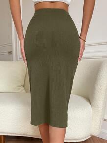 Chiquease High Waist Solid Ribbed Knit Slit Skirt - Army Green - View 2