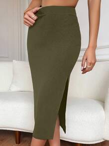 Chiquease High Waist Solid Ribbed Knit Slit Skirt - Army Green - View 6