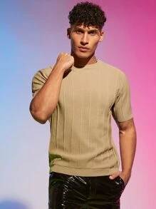 Manfinity Hombres Top unicolor tejido de canalé - Caqui - Ver 4