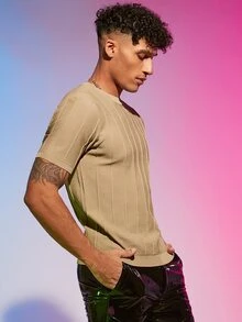 Manfinity Hombres Top unicolor tejido de canalé - Caqui - Ver 5