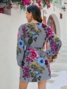 SHEIN Clasi 條紋圖案和印花燈籠袖繫腰帶洋裝 - 彩色 - 查看 2