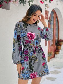 SHEIN Clasi 條紋圖案和印花燈籠袖繫腰帶洋裝 - 彩色 - 查看 4