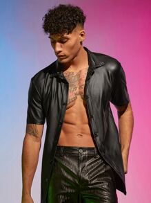 FeverCity Áo sơ mi Nam Nút phía trước màu trơn Đường phố - màu đen - Xem 3